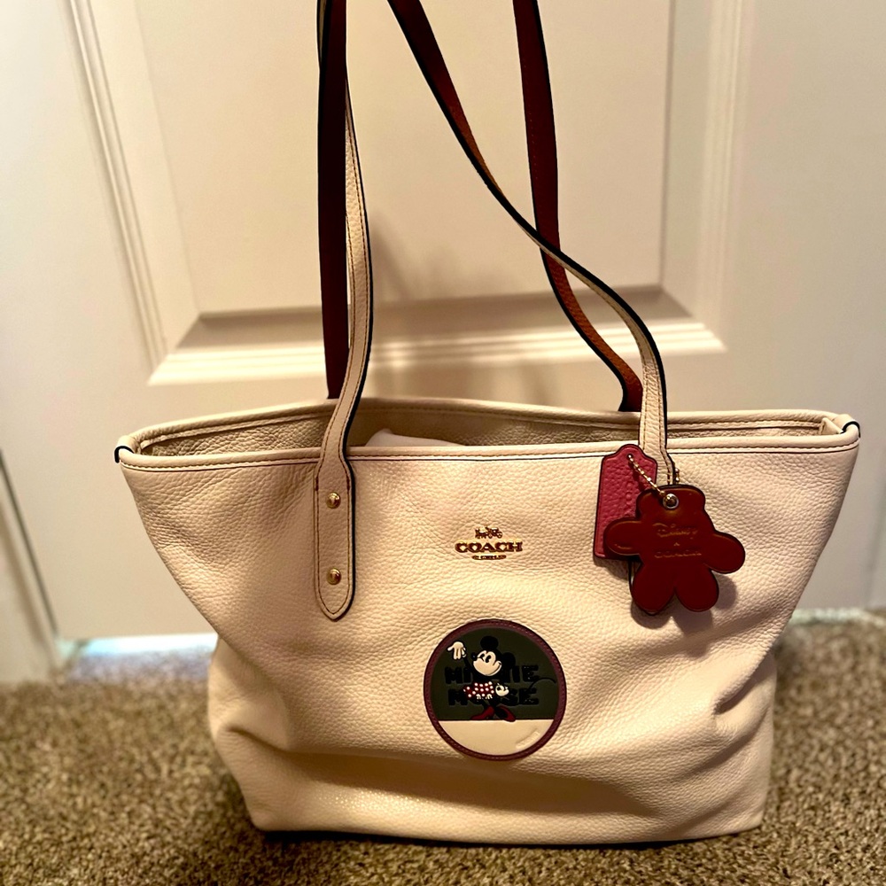 Coach Cream Tote Bag with Maroon and Black Accents